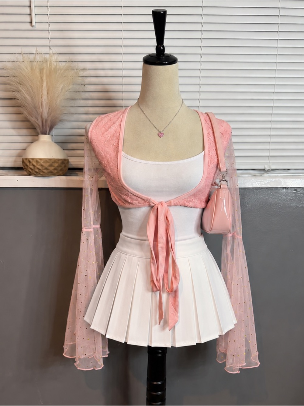 NWT Club Exx Pink Sequin Tie Front Shrug Sheer Bell Sleeves XS